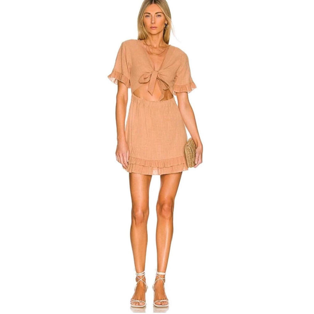 LOVEWAVE Small Town Girl Mini Dress in Taupe Size L Cutout Rufled Hems NEW #C - Picture 8 of 13